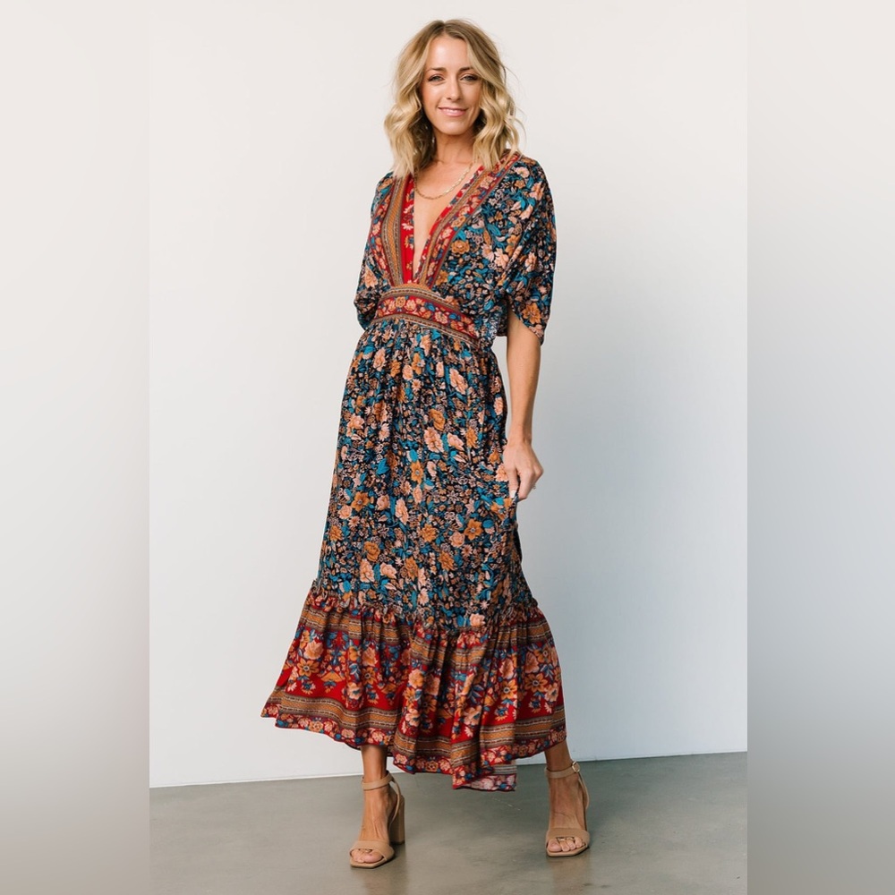 Baltic Born Leanne Boho Midi Floral Smocked Back Dress Pockets Size Small